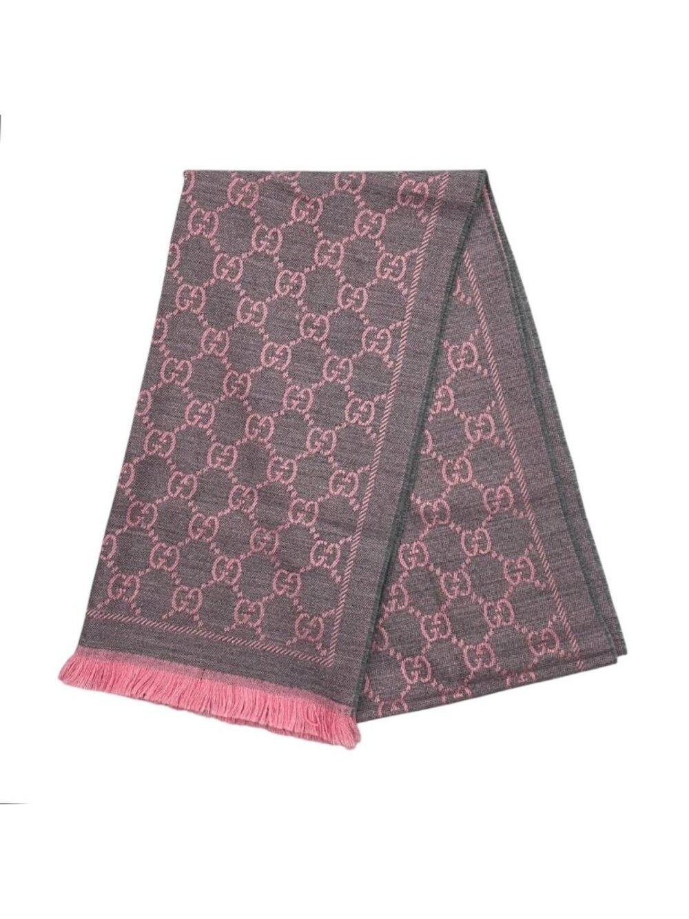 Gucci Scarf GG Wool Pattern Logo Rose Pink Gray